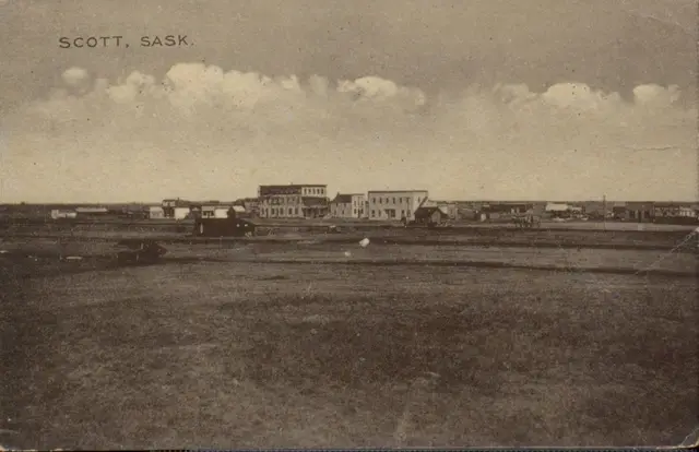 View across the prairie to the town of Scott